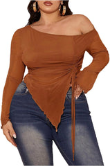 Women's Plus Size Sheer Mesh Off Shoulder Tops Long Sleeve Drawstring Asymmetrical Hem Ruched T Shirt