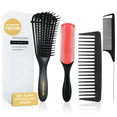 Detangler Brush Set for 3a,4c,Wig/Thick/Wavy/Curly/Wet Slick Back Hair Brushes,Rat Tail Combs,8-Row,Edge Brush,For braiding,teasing,parting,styling,kids,girls,women(Pink)