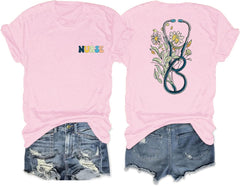 Nurse Graphic Shirts for Women Boho Floral Nurse Life T Shirt Stethoscope Oversized Graphic Tees Nurses Day Gifts