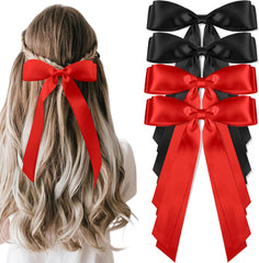 vivinin 4pcs Solid Silky Satin Hair Accessories: Bows with Long Tails, Daily Wear Clips for Women and Girls, White and Black Gifts