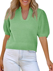 Saodimallsu Womens Puff Short Sleeve Sweater Top Waffle Knit V Neck Spring Summer Cropped Trendy Cute Shirts Blouses