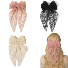 LFOUVRE Beige Lace Hair Bows with Embroidered Flowers - Bowknots, Barrettes, and Hair Clips with Long Tails for Women (3pcs)