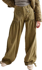 Women Baggy Cargo Jeans Mid Waist Wide Leg Ruffle Drawstring Parachute Denim Pants Vintage Sweatpants Pockets