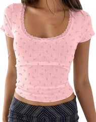 Cioatin Women Y2K Lace Bow Patchwork Pointelle Crop Tshirt Short Sleeve Scoop Neck Fitted Girls Coquette Tee Tops Summer