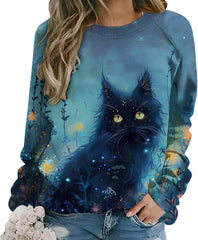 Women's Cat Sweatshirts Oil Painting Print Tunics Crewneck Long Sleeve Funny Graphic Pullover Fall Loose Casual Tops