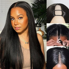 16 Inch Short Bob V Part Wig Yaki Straight Upgrade U Part Synthetic Wigs for Black Women Full Head Clip In Hair Glueless Replacement Kinky Straight Synthetic Wig