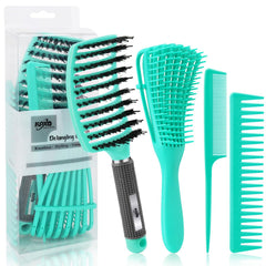 4pcs Curly Hair Brush Set for Adult & Kids Wet or Dry, Detangling Brush for 3/4ABC Hair with Detangler Spray Bottle & Wide Tooth Comb (3+1, Black)