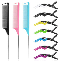 Rat Tail and Parting Combs with Styling Clips: 3 Metal Teasing Combs for Braids, 7 Professional Sectioning Hair Clips