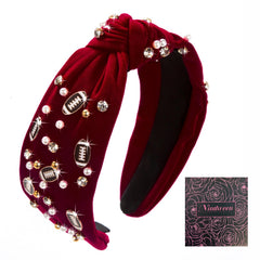 Women's Fashion Football Headband Black Red Orange Blue Pearl Rhinestone Jeweled Knotted for Girl's Fashion Cute Wide Headband for Mother's Day,Christmas,Birthday Gift
