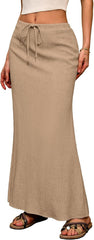 ELLEVEN Linen Flared Maxi Skirt with Back Slit - Elastic Waist Drawstring Long Flowy Ankle-Length Skirt