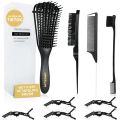 Detangler Brush Set for 3a,4c,Wig/Thick/Wavy/Curly/Wet Slick Back Hair Brushes,Rat Tail Combs,8-Row,Edge Brush,For braiding,teasing,parting,styling,kids,girls,women(Pink)