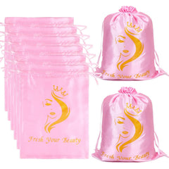 6PK Satin Wig Bags with Drawstring - Silk Hair Storage Bags for Multiple Wigs, Bundles, Extensions (Pink)