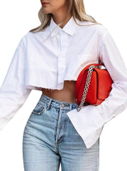 Women Cropped Button Down Shirt Asymmetric Hem Long Sleeve Collared Blouse Top