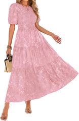 KIRUNDO Womens Summer Dresses Wedding Guest Floral Midi Sundress Short Puff Sleeve Flowy A Line Smocked Tiered Boho Dress