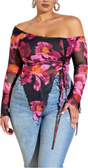 Women's Plus Size Sheer Mesh Off Shoulder Tops Long Sleeve Drawstring Asymmetrical Hem Ruched T Shirt