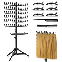 Braiding Hair Rack with Tray, 144 Pegs Height Adjustable Braiding Rack, 2-side Hair Extension Holder Hanger, Hair Stand with Stylist Hair Braiding Tools for Hair Salon Home Traveling (Pink)