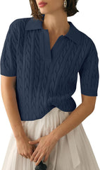 Micoson Womens Short Sleeve Lightweight Sweater Tops Lapel V Neck Cable Knit Polo Shirts Summer Loose Casual Outfits 2025