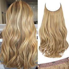 SARLA Invisible Wire Hair Extensions with 3 Clips Long Synthetic Wavy Curly Hairpiece Adjustable Transparent Headband for Women 18 Inch Ash Medium Brown/Ash Blonde Highlights