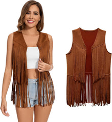 Women's Fringe Vest 60s 70s Hippie Vest Sleeveless Cowgirl Western Faux Suede Tassel Leather Jacket Hippie Party