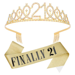 21st Birthday Crowns and Sashes for Women, Birthday Sash Princess Tiara Headband Elegant Rose Gold Crown with Combs for Girls Crystal Tiaras Birthday Headpieces for Party Hair Accessories Gifts