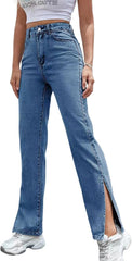 Straight Leg Jeans for Women Split Hem Classic Relax Fit High Waisted Stretchy Bootcut Jeans Denim Pants with Pockets
