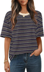 MEROKEETY Women's Summer Short Sleeve Shirt Casual Colourful Striped Crewneck Loose Tops Blouse