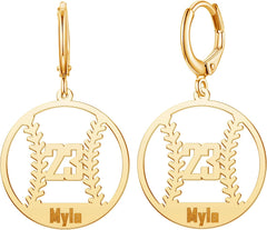 CharmSStory Womens Personalized Football/Soccer/Basketball/Volleyball/Baseball Earrings with Number Name Earrings Custom Nameplate Drop Earrings Customizable Name Jewelry Leverback Hoop Dangle Earring