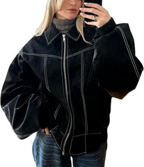 Women Leather Jacket Lightweight Casual Solid Color Zipper Front Long Sleeves Fall Cardigan for Outwear Streetwear
