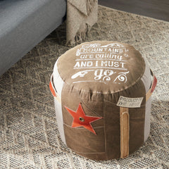 Canvas Pouf with Leather Accents - Brown or Multi Colored - Roche River Decor