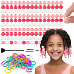 150Pcs Small Silicone Beads for Hair, 8 * 10 mm Soft Pink Mix Colors Pony Silicone Hair Beads for Braids with 50 Rubber Bands and 1 Beader for Braiding, DIY Bracelets Necklaces Crafts