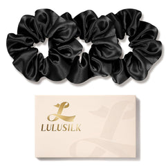 LULUSILK Silk Scrunchies for Hair Sleep, 100% Real Mulberry Silk, No Damage Silk Hair Ties for Women and Girls, Classic Black, Pack of 3