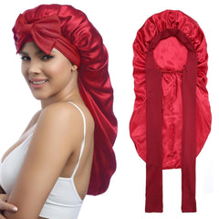 AWAYTR Long Satin Bonnet for Women - Double Layer Elastic Silk Bonnet for Braids Hair Sleeping Cap with Tie Band (Champagne)