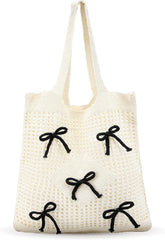 Bow Crochet Tote Bag for Women Mesh Knitted Shoulder Bag Coquette Cute Aesthetic Travel Tote for Girls