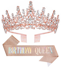 Birthday Tiara Crown with Sash for Women, Headband Hair Accessories for Wedding Party Costume