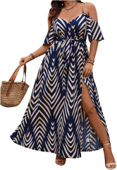 Floerns Women's Plus Size Cold Shoulder Short Sleeve Split Thigh Long Dress