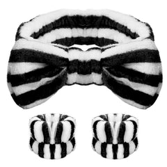 WSYUB Makeup Headbands, 1pcs Black Spa Headband Fluffy Bow Tie Headband Microfiber Face Headband, and 2Pcs Wrist Spa Wash Band Absorbent Wristbands, for Washing Face Skin Care