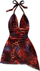 SOLY HUX Women's Sexy Tie Dye Print Halter V Neck Mini Dress Retro Backless Fitted Bodycon Dresses