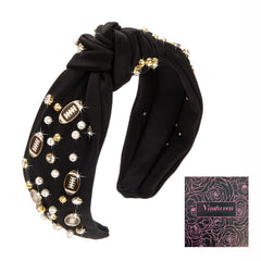 Women's Fashion Football Headband Black Red Orange Blue Pearl Rhinestone Jeweled Knotted for Girl's Fashion Cute Wide Headband for Mother's Day,Christmas,Birthday Gift