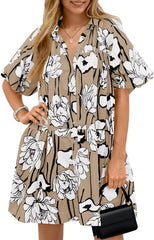 Wenrine Women's Summer Button Down Shirt Dress Floral Puff Short Sleeve Casual Loose Fit Beach Mini Dresses