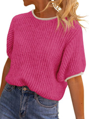 Saodimallsu Womens Puff Short Sleeve Sweater Tops Spring Summer Color Block Ribbed Knit Crew Neck Going Out Shirts
