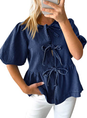 Tankaneo Womens Denim Tie Front Tops Babydoll Peplum Puff Sleeve Jean Shirts Crew Neck Summer Casual Bow Blouses
