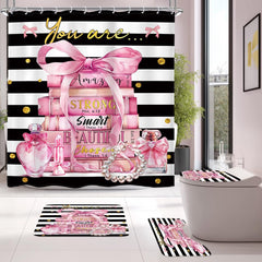 Riyidecor 4PCs Fashion Shower Curtain Bathroom Set with Non-Slip Rugs Toilet Lid Cover and Bath Mat Black White Stripe Pink Modern Book Waterproof 12 Pack Hooks 72x72 inch Women Shower Curtain Decor