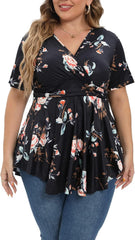 Plus Size Tops for Women 2025 Summer Short Sleeve V Neck Casual Shirts Dressy Pleated Wrap Tunic Top Blouses