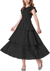 Mebius Girls Lace Maxi Long Dress Ruffle Sleeve Crewneck Tiered A-Line Swing Wedding Party Dresses