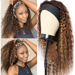Rebasar Deep Wave Headband Wig Human Hair 14 Inch Curly Headband Wigs for Black Women Human Hair Glueless None Lace Front Wig Brazilian Virgin Hair Wear and Go Wigs 150% Density Natural Black Color