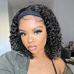 Headband Wig Human Hair Deep Wave 18 inch None Lace Front Wig Human Hair Machine Made Wigs Glueless Curly Hair Headband Half Wigs for Black Women Human Hair Natural Color