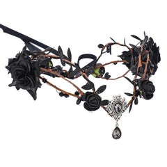 Renaissance Black Fairy Flower Crown - Handmade Elf Floral Headpiece with Crystal Gothic Elven Headpiece Woodland Tiara for Women Girls Mardi Gras Cosplay Carnival Photoshoot Accessories