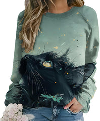 Women's Cat Sweatshirts Oil Painting Print Tunics Crewneck Long Sleeve Funny Graphic Pullover Fall Loose Casual Tops