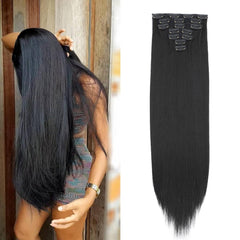 Straight Clip In Hair Extensions 24 Inches for Black Women, 7 Pieces/Set Hairpieces Heat Resistant Synthetic Fiber Double Weft Hair Extensions Natural Black Color