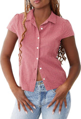 Y2k Girls Vintage Coquette Button Down Shirt Women Short Sleeve V-Neck Slim Fitted T-Shirt Cute Blouse Crop Top
